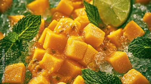 Mango cubes and passion fruit pulp with mint