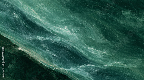 Turbulent Ocean Waters: Dynamic swirling patterns of deep green and aqua hues create a mesmerizing abstract texture of powerful ocean waves.