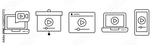 Multi device video playback and online web streaming icon set Vector Collection, editable stroke