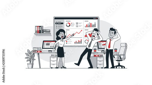Photos Stressed office team working with data analytics dashboards showing declining business metrics