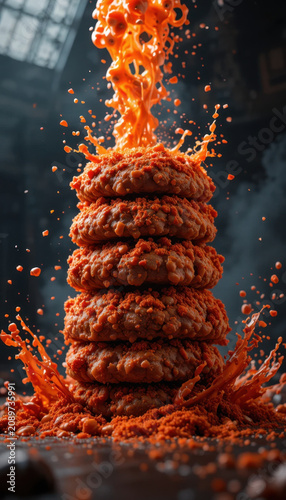 Stacked cookies covered in vibrant orange coating create visually striking scene, with splashes of color and texture that evoke excitement and indulgence. dramatic presentation captures attention