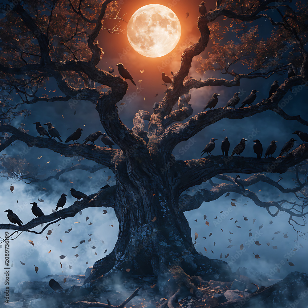 Fototapeta premium Crows on twisted tree branches under a large full moon