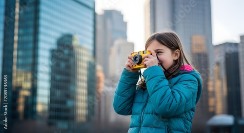 Celebrating world photography day young photographer capturing cityscape with film camera