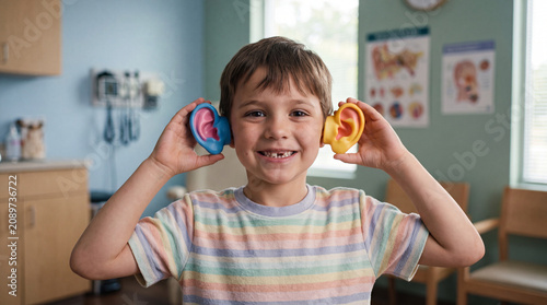 Otolaryngology and pediatric ENT concept with child holding ear models in clinic, hearing test, ear health, diagnosis, treatment, medical insurance and children healthcare services