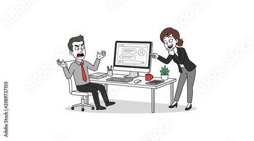Konstfotografi Woman points at computer screen showing chat messages irritating colleague