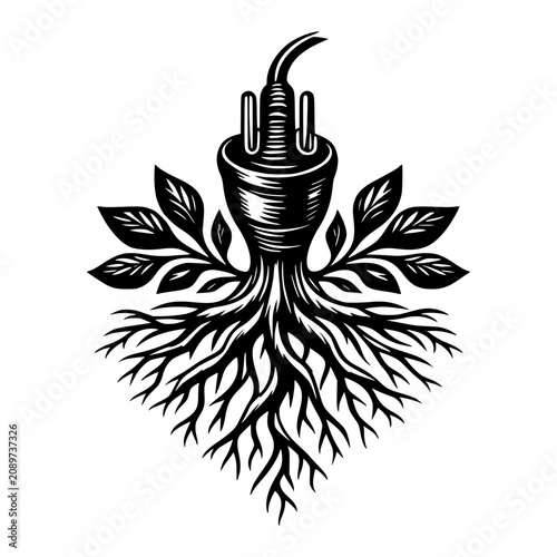 Powering Growth: An illustration depicting an electrical plug intertwined with a tree's root system and sprouting leaves, symbolizing sustainable energy and organic connection.