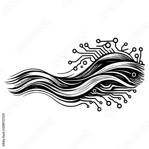 Abstract Technology Wave: A captivating black and white illustration depicting a dynamic wave-like form composed of intricate circuitry and digital connections.