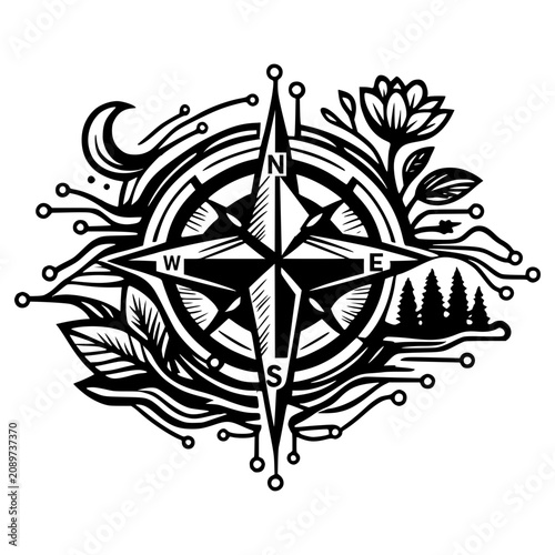 Digital Compass of Discovery: An intricate compass rose, blended with digital circuit elements, moon, a blooming flower, pine trees, and a feather, symbolizing the fusion of technology, nature.