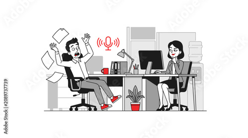 Business office stress with frantic man and calm colleague working at desk illustration.