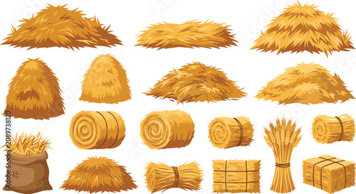 Fotografie Haystack and straw bales vector set featuring yellow hay piles round rolls squar