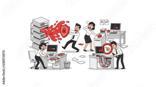 Принти на полотні Cybersecurity threat and data breach concept with panicked employees and system failure