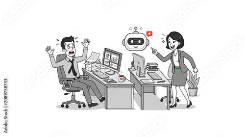 Office worker panicking about robot assistant automation and smart technology in workplace.