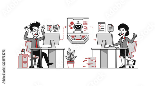 Cuadro en lienzo Stressed employee aided by robot assistant leads to happy co-worker success
