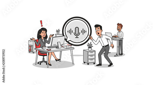 Schilderij op canvas Professional team reacting to voice message problem in busy corporate office atmosphere