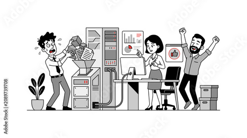 Foto Man struggling with paper data fed into machine leading to happy team