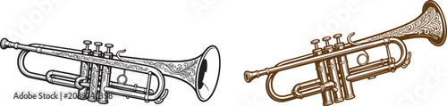 Photography Vintage trumpet vector illustrations with ornate floral engravings for jazz and