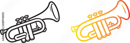 Photos Trumpet musical instrument vector icons in black line art and color gradient sty