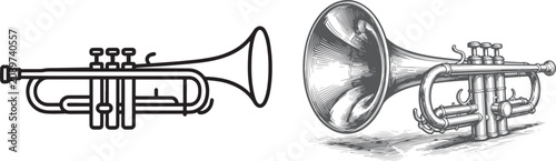 Photography Trumpet musical instrument vector illustrations in simple line art and detailed