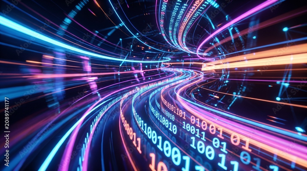 Fototapeta premium Futuristic high speed data tunnel with glowing binary code and light trails moving in a circular motion in deep space