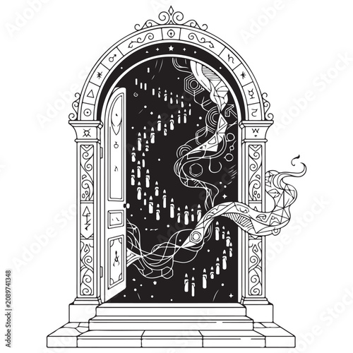 Fotografie Ornate Arch Doorway with Esoteric Symbols, Candles, and Flowing Ribbons