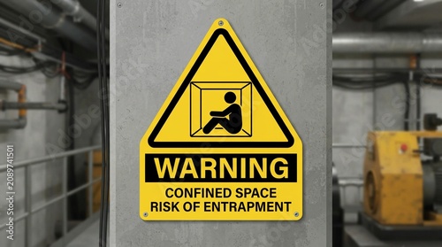 Yellow triangular warning sign showing a person trapped in a box mounted on a gray concrete wall within an industrial facility with blurred background machinery