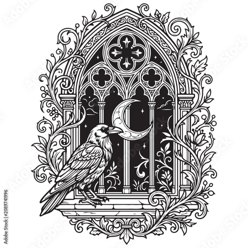 Gothic Ornate Window with Raven, Crescent Moon, and Floral Scrollwork
