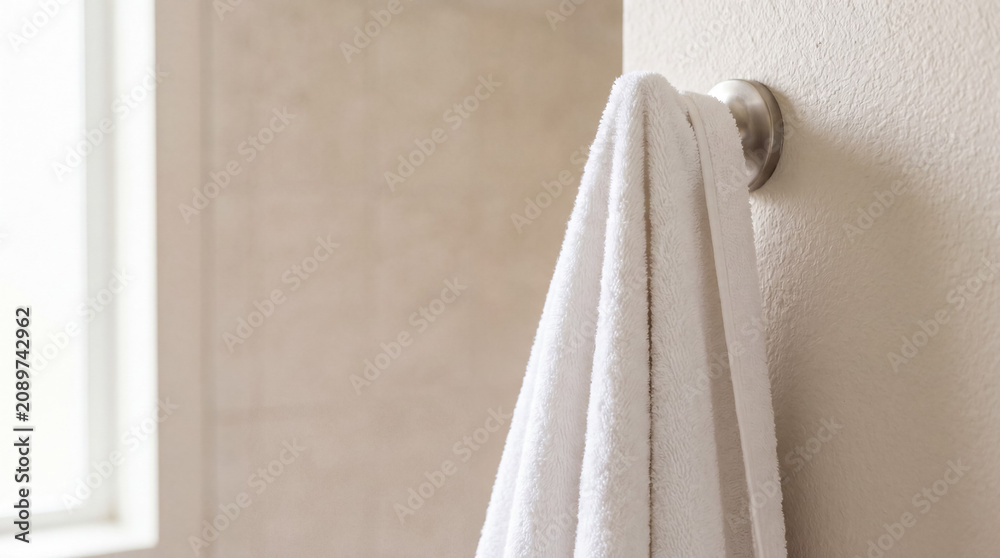 Fototapeta premium White cotton towel hanging on a metal hook in a modern bathroom, clean and fresh textile for home decor