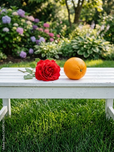 Red rose and orange fruit on a white wooden bench in a garden