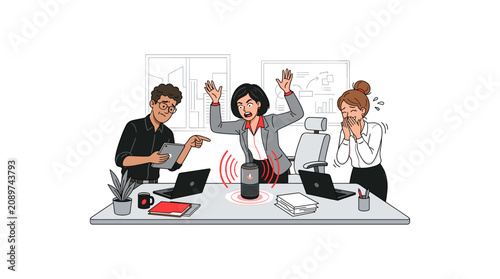 Foto Stressed colleagues reacting to loud artificial intelligence smart speaker in workstation