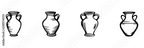 Hand Drawn Vase Collection In Sketch Style. Decorative Pottery Doodle Set. Ideal For Art And Craft Projects. Isolated Vector Illustration