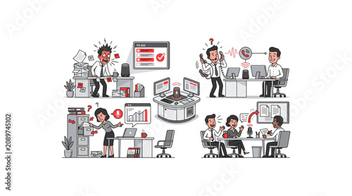 Business office scenarios with smart technology and diverse workplace collaboration tasks.