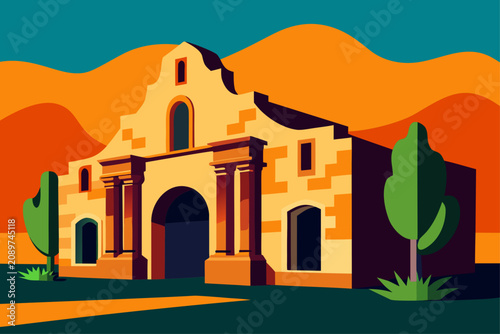 Stylized vector illustration of the alamo mission in san antonio, texas, featuring a vibrant desert landscape with sunset colors and geometric shapes
