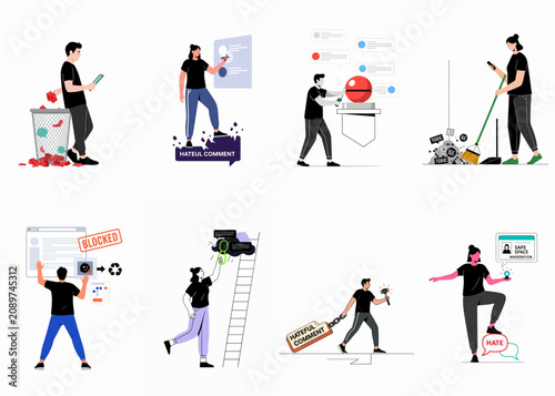 Canvastavla Set of illustrations depicting content moderation, blocking hateful comments, cleaning up toxic behavior, and ensuring safe online spaces for digital community management