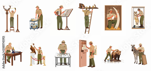 Konstfotografi Set of vector illustrations depicting museum curators and naturalists working with animal specimens, taxidermy exhibits, and scientific collections in a natural history museum