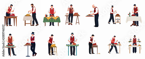 Cuadro en lienzo Collection of various men in red waistcoats carving roasted turkeys and chickens