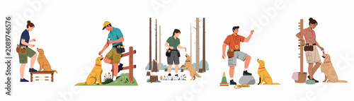 Obraz na plátně Professional dog trainers working with golden retrievers in various outdoor and indoor settings, using treats and positive reinforcement techniques