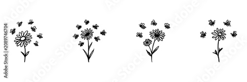 Floral And Bee Doodles In Hand Drawn Style Set. Nature And Pollination Doodle Sketch Collection. Ideal For Eco-Friendly Designs And Educational Materials. Isolated Vector Illustration