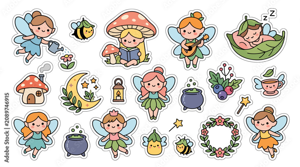 Obraz premium Cute cartoon fairy sticker set with magical forest elements.