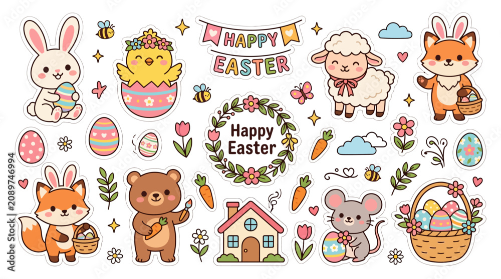 Fototapeta premium Cute Easter Holiday Sticker Set with Animals and Eggs.