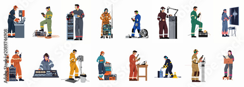 Vector illustration set of diverse industrial and technical workers in safety gear operating specialized equipment for various professional roles.
