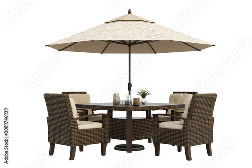 Modern outdoor patio furniture set with woven chairs, table, and decorative umbrella for garden relaxation