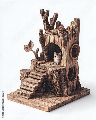 Wooden cat tree house with stairs high resolution picture