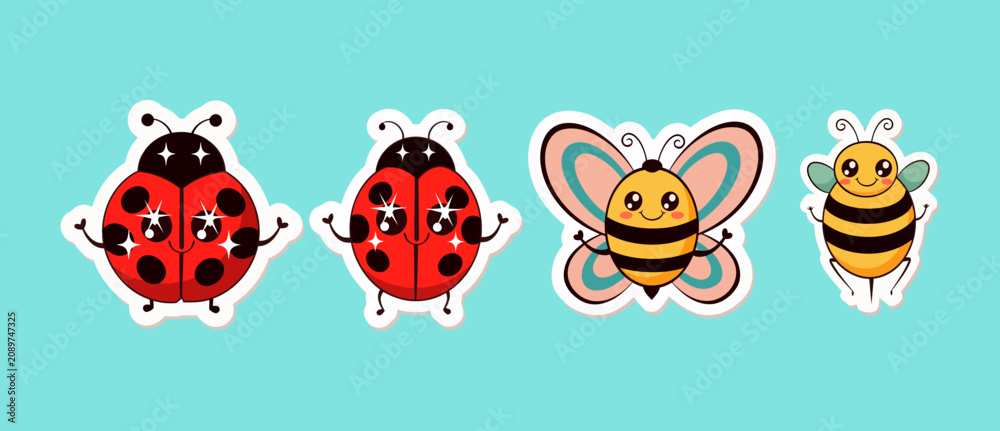 Fototapeta premium Cute Kawaii Insect Stickers Featuring Adorable Ladybugs Butterfly and Honey Bee Characters