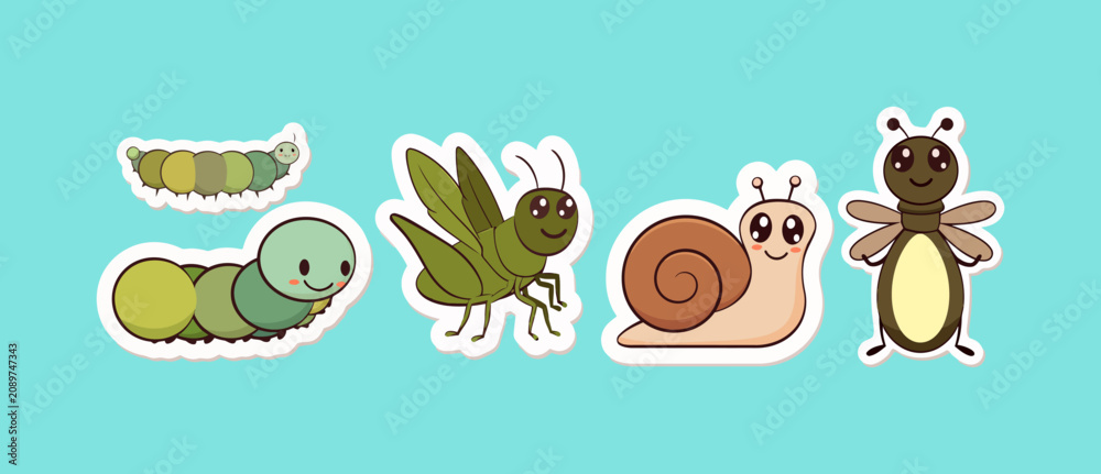Obraz premium Cute Cartoon Garden Insects and Gastropod Collection Featuring a Caterpillar Grasshopper Snail and Firefly Vector Illustrations