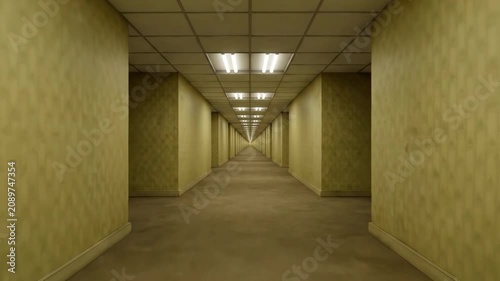 A first-person perspective moving down an endless, eerie yellow hallway with glowing ceiling tiles, replicating the popular backrooms aesthetic. This 3D animated loop creates a surreal, liminal space 