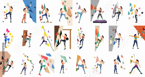 Tableau sur toile Collection of flat design illustrations showing women practicing indoor rock climbing and bouldering on various colorful gym walls with different holds