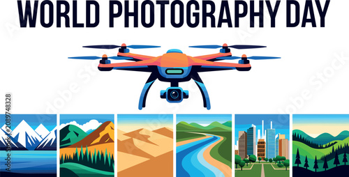 Fotografie World photography day banner design featuring a professional drone camera hoveri