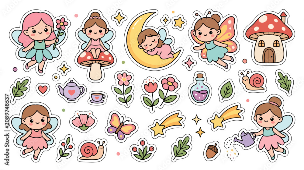 Fototapeta premium Cute Kawaii Fairy Sticker Set with Mushrooms and Nature Elements.