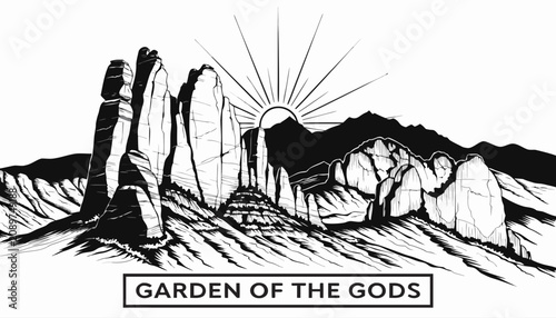 Very beautiful black and white realistic vector illustration of Garden of the Gods at sunrise featuring a bold label reading 