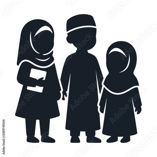 Cuadro en lienzo Muslim children silhouette vector, group of Islamic students in traditional dres